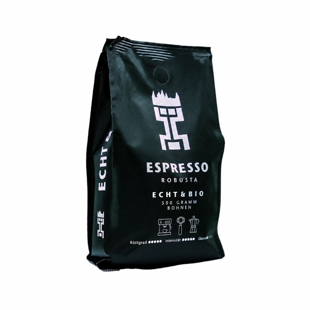 Seite schwarzer Stabiloseal Beutel, Aschaffenburger Partnerkaffee Espresso Robusta
