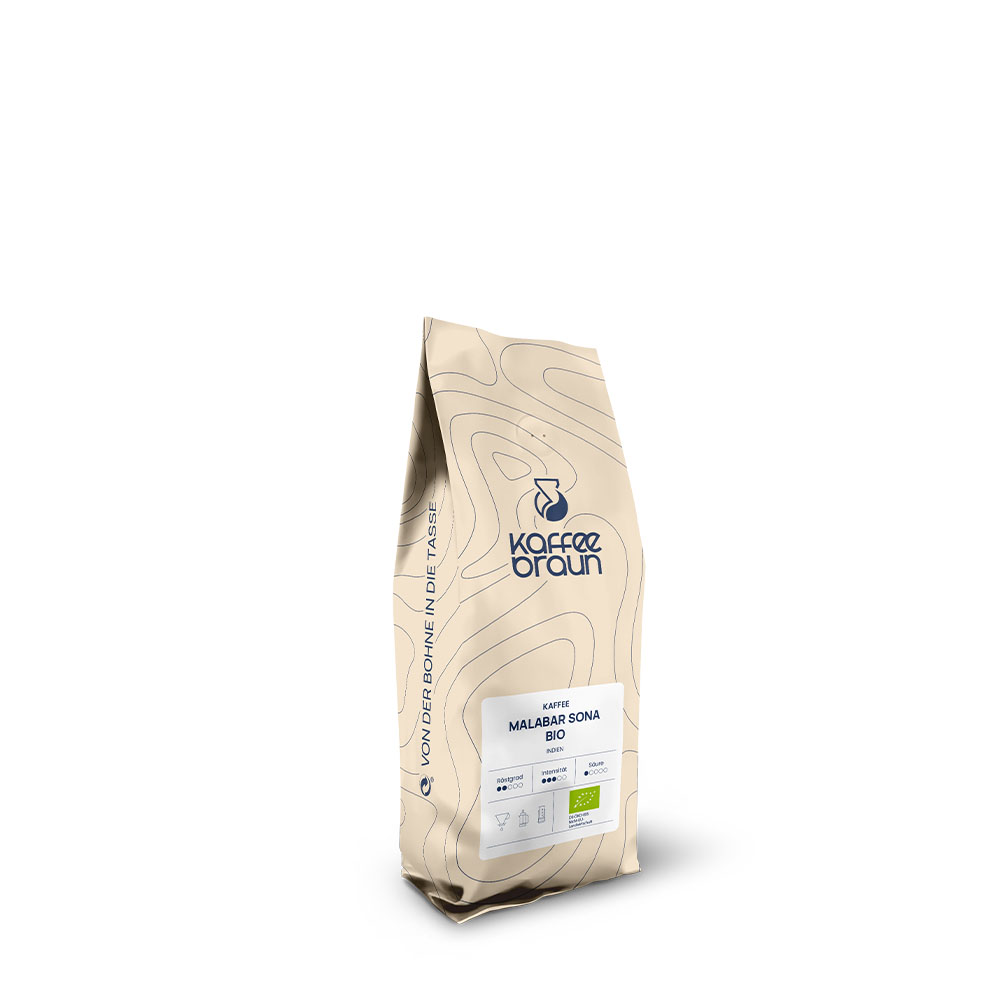 Kaffee Malabar Sona Bio beiger Schlauchbeutel mit Etikett, Logo und blauen Höhenlinien - Kaffee Malabar Sona Bio