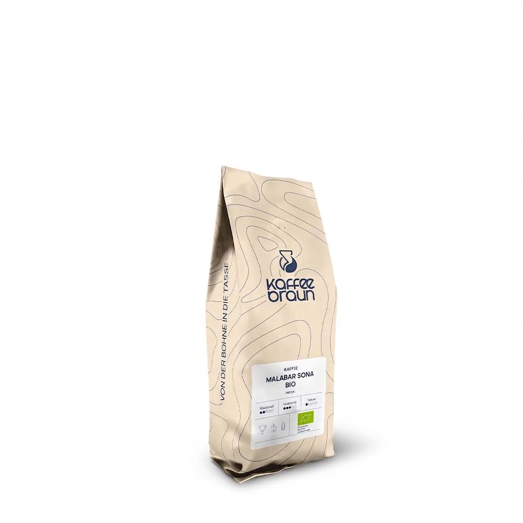 beiger Schlauchbeutel mit Etikett, Logo und blauen Höhenlinien - Kaffee Malabar Sona Bio