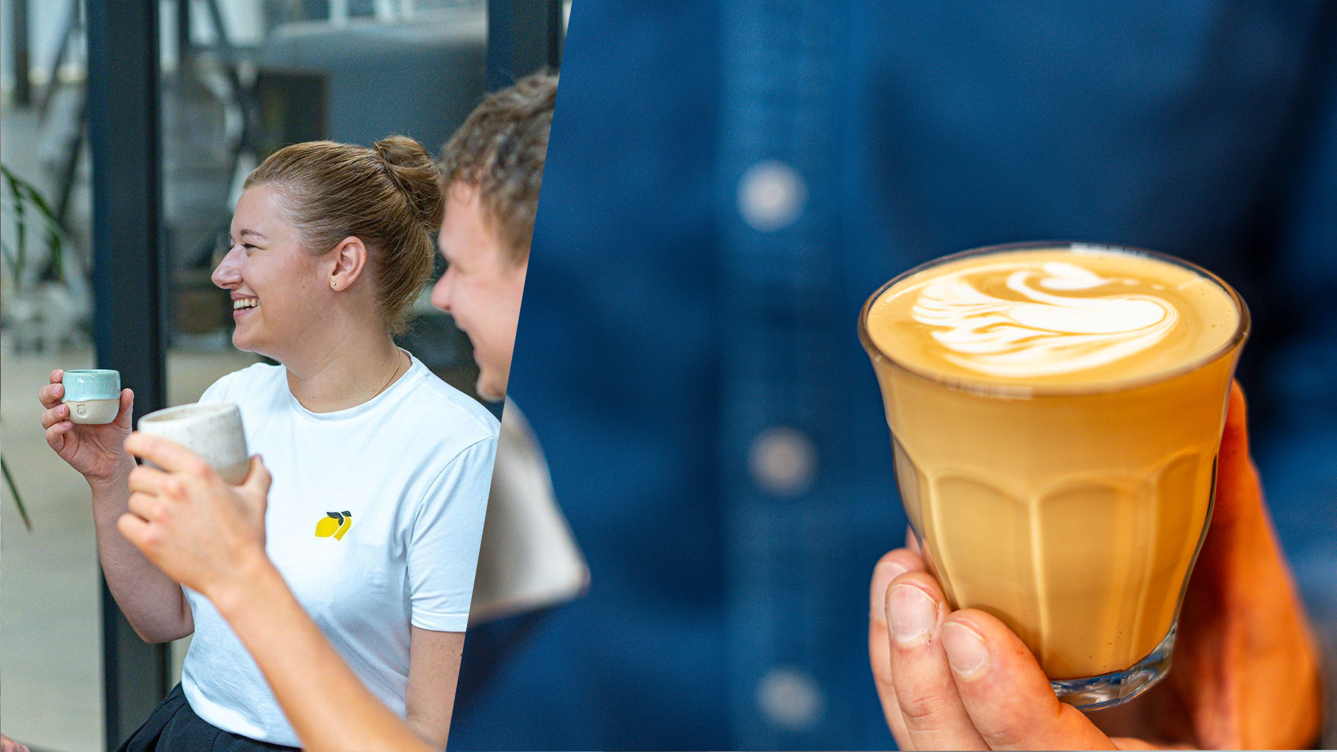 gesplittetes Bild: links 2 lachende Personen mit Kaffee in der Hand; rechts. eine Hand hält ein Flatwhite Glas mit Latte Art Schwan