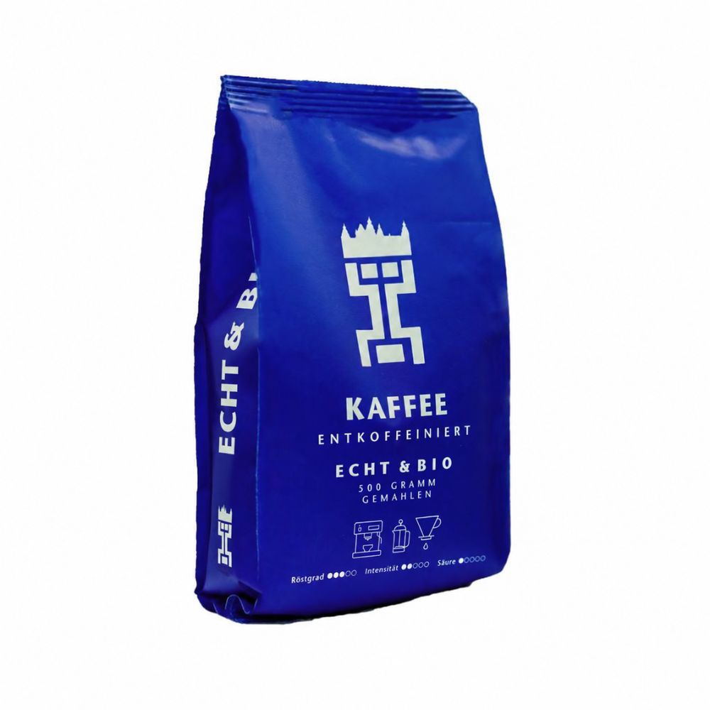 Seite blauer Stabiloseal Beutel, Aschaffenburger Partnerkaffee Kaffee entkoffeiniert