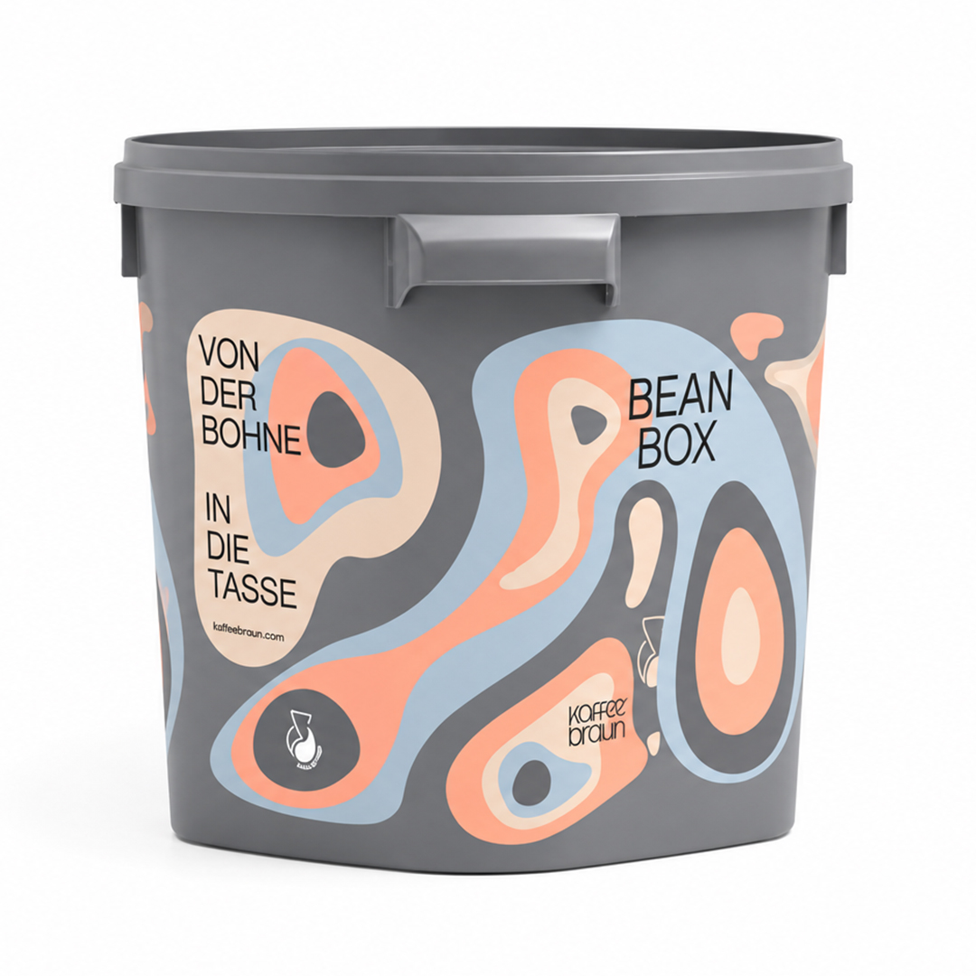 Freigestellter BeanBox Pfandeimer von Kaffee Braun als nachhaltige Mehrweglösung für frisch gerösteten Kaffee.