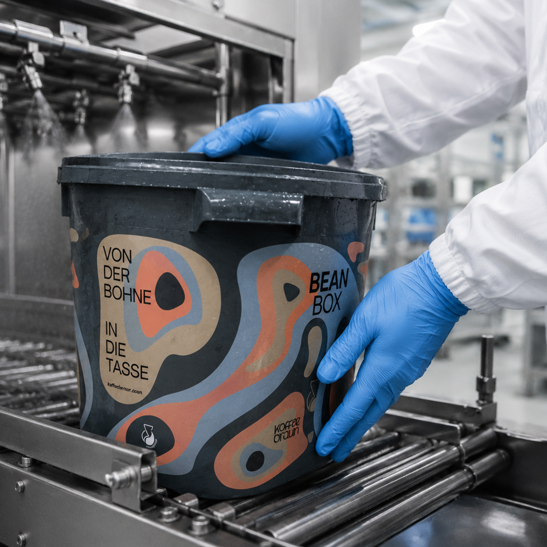 Gereinigter BeanBox Pfandeimer wird nach der professionellen Reinigung aus der Waschanlage entnommen und für die Wiederverwendung vorbereitet.