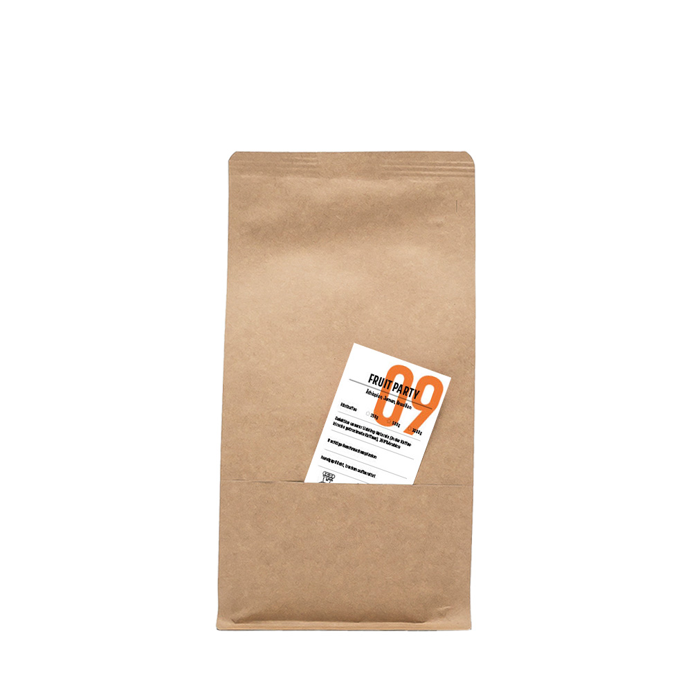 brauner Flachbodenbeutel mit Einsteckkarte - Kaffee Fruit Party