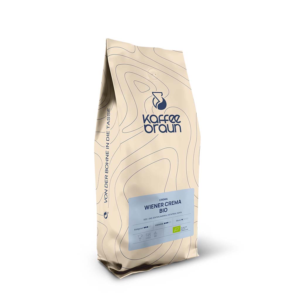 Wiener Crema Bio beiger Schlauchbeutel mit Etikett, Logo und blauen Höhenlinien - Wiener Crema Bio