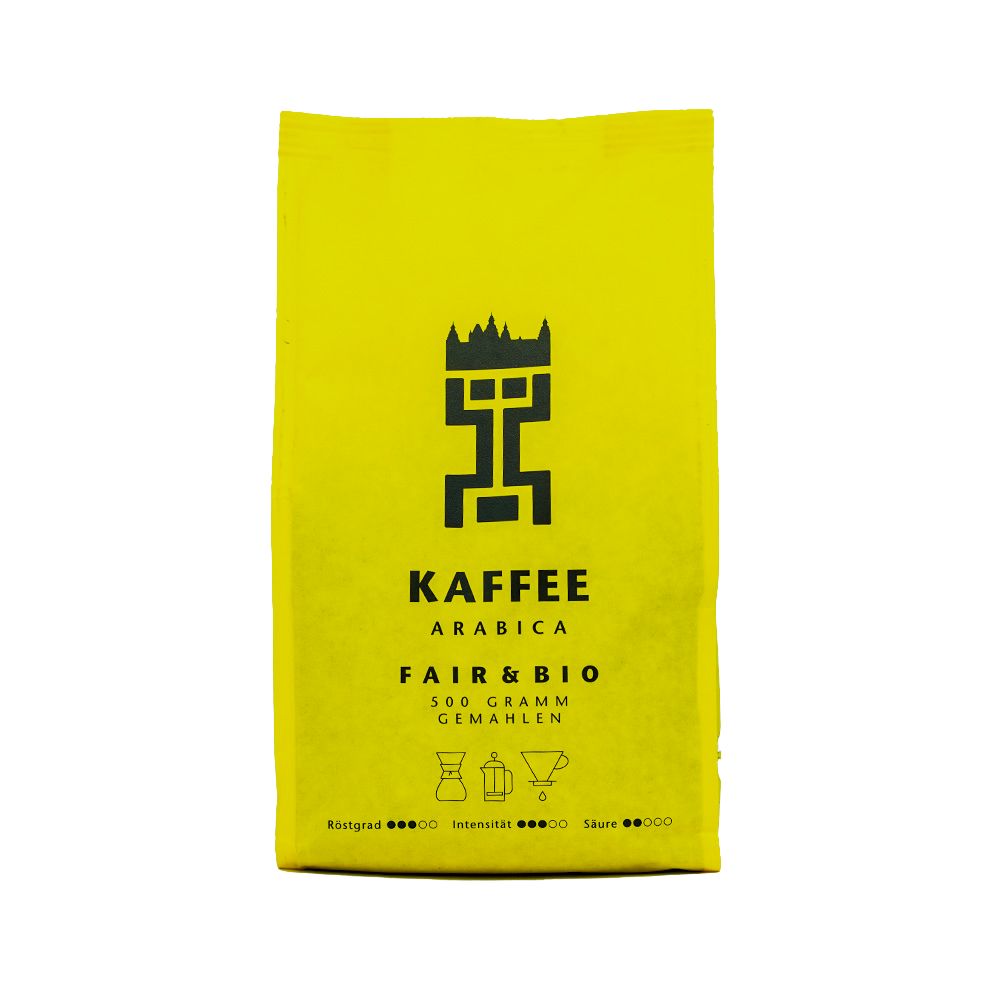 Front Aschaffenburger Partnerkaffee Kaffee Arabica Front gelber Stabiloseal Beutel, Aschaffenburger Partnerkaffee Kaffee Arabica