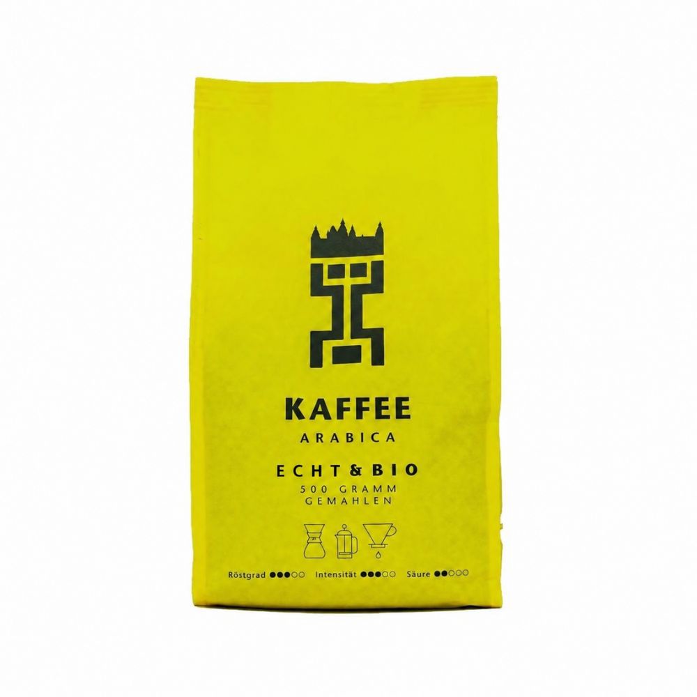 Front gelber Stabiloseal Beutel, Aschaffenburger Partnerkaffee Kaffee Arabica