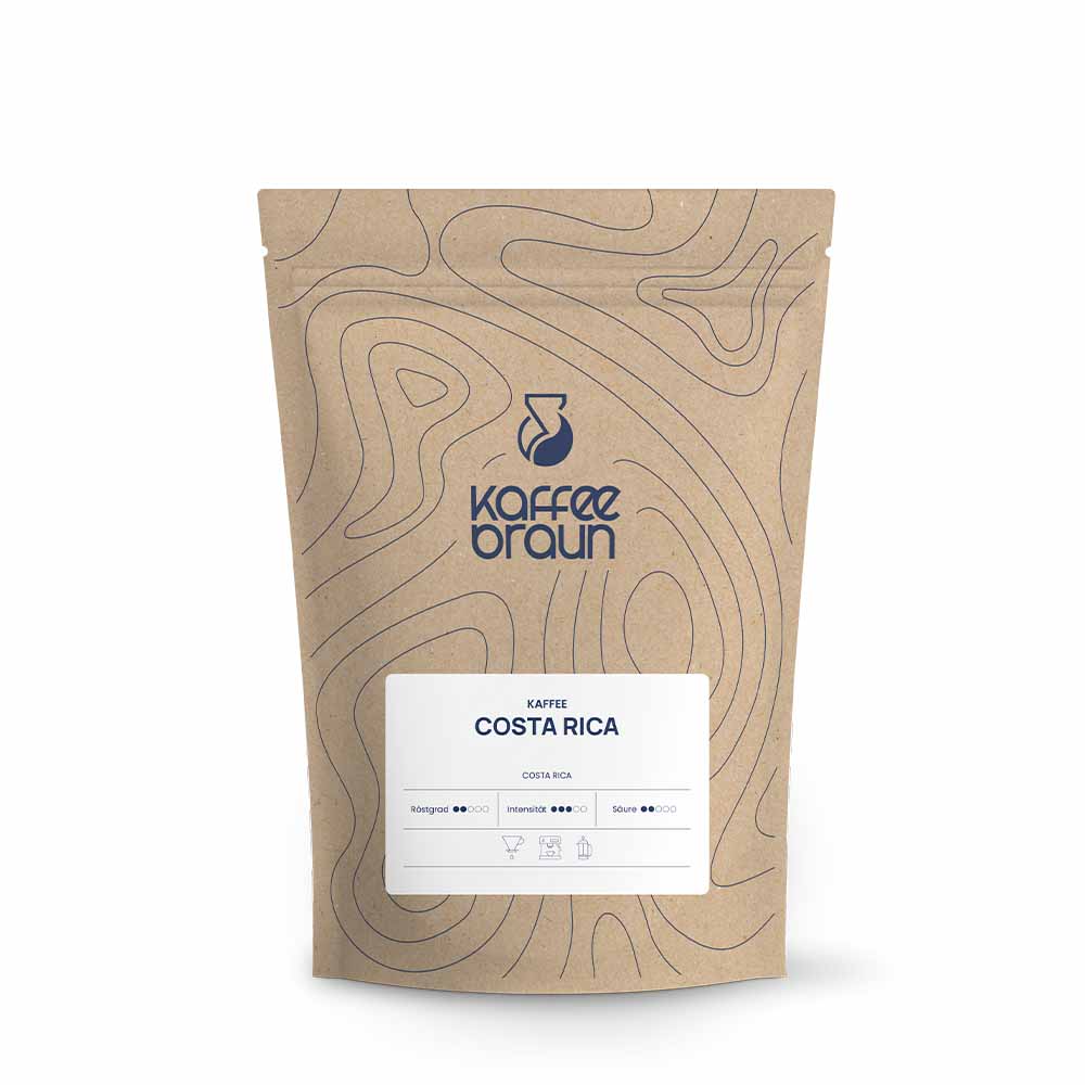 Costa Rica brauner Standbodenbeutel mit weißem Etikett, Logo und blauen Höhenlinien - Costa Rica