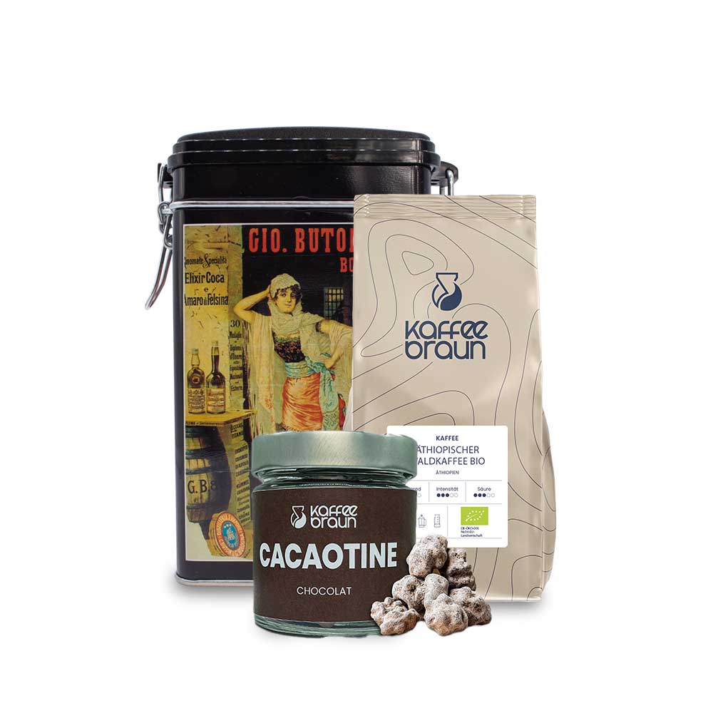 Geschenkset Kleine Freude Äthiopischer Waldkaffee, Cacaotine Chocolat, Kaffeedose