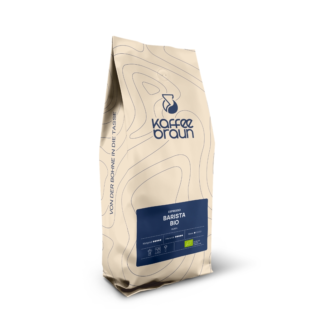 beiger Schlauchbeutel mit Etikett, Logo und blauen Höhenlinien - Barista Bio