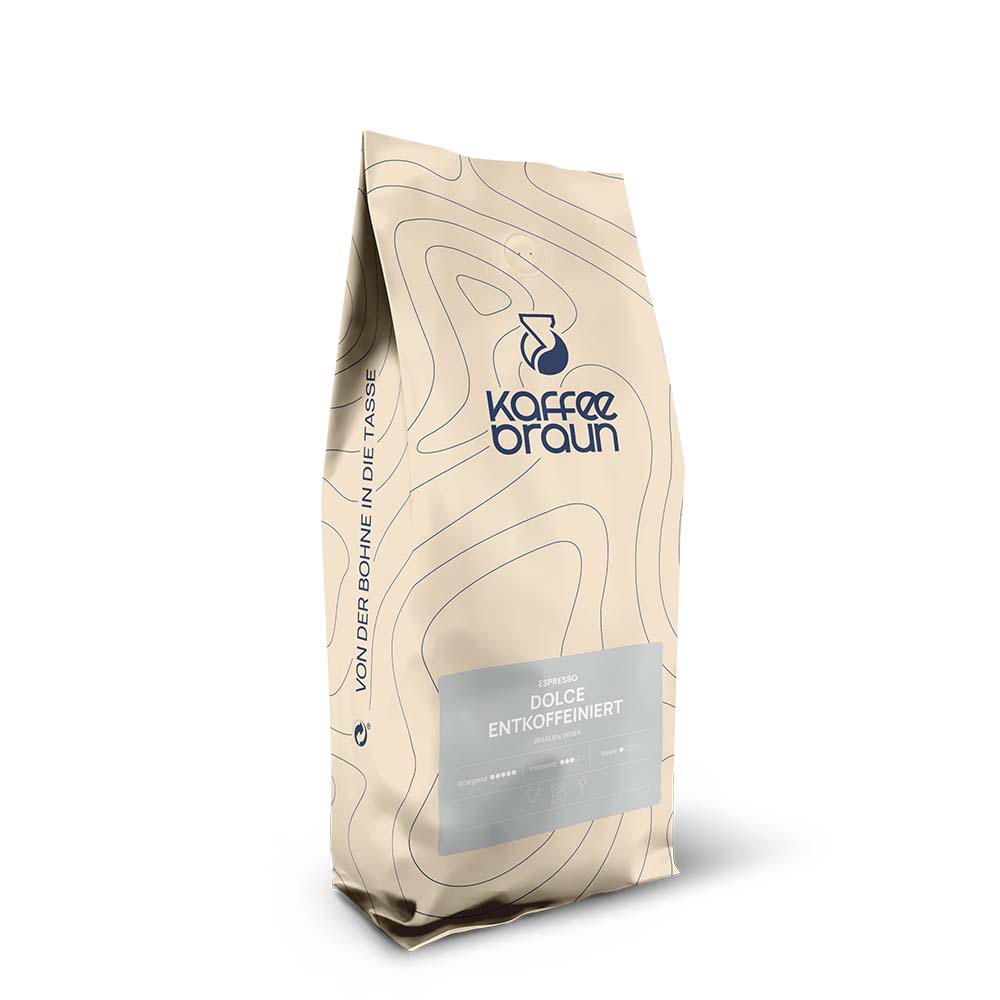 Dolce entkoffeiniert beiger Schlauchbeutel mit Etikett, Logo und blauen Höhenlinien - Dolce entkoffeinert