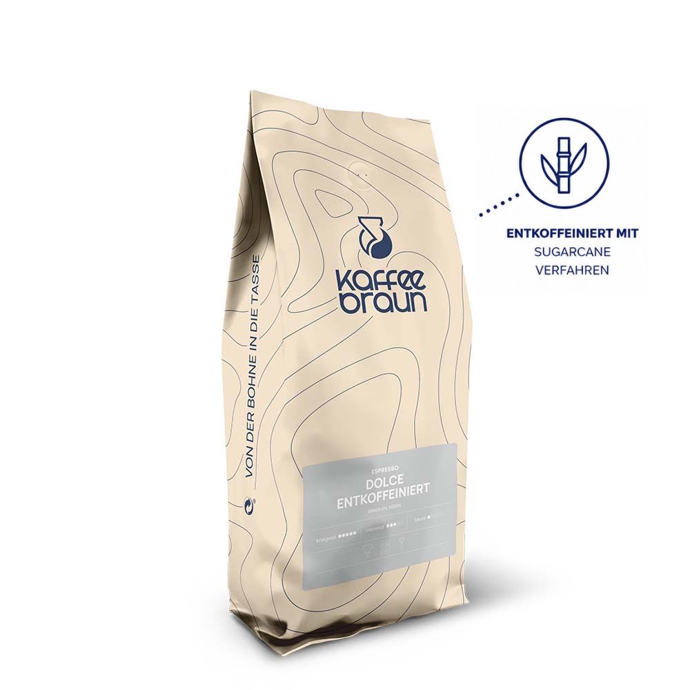 beiger Schlauchbeutel mit Etikett, Logo und blauen Höhenlinien - Dolce entkoffeinert mit Entkoffeinierungsmehtode Sugar Cane Verfahren