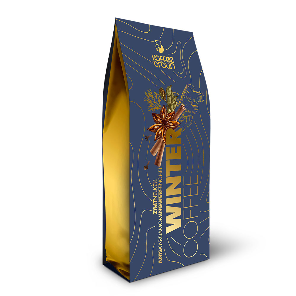 Winterkaffee goldener Schlauchbeutel mit blauer Banderole und goldenen Höhenlinien- - Winterkaffee