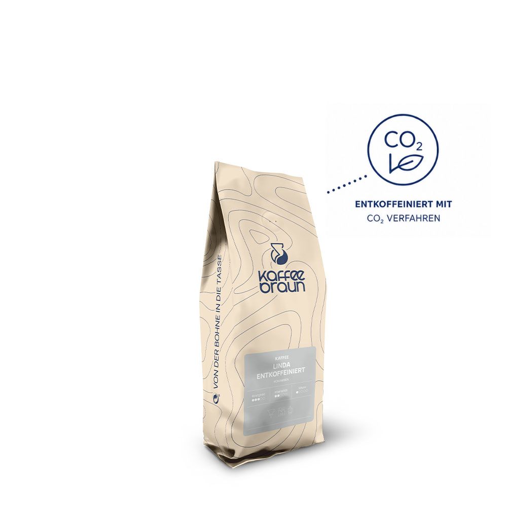 beiger Schlauchbeutel mit Etikett, Logo und blauen Höhenlinien - Linda entkoffeinert mit Entkoffeinierungsmethode CO2 Verfahren