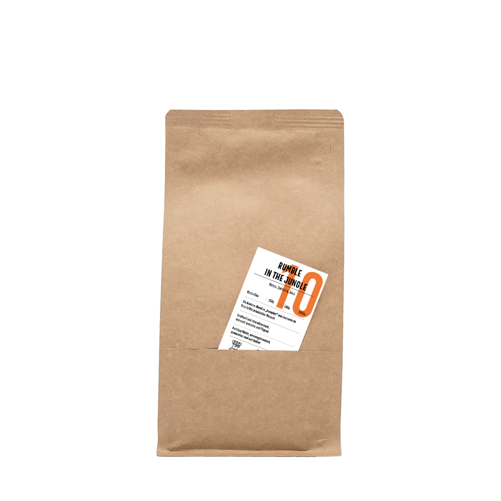 brauner Flachbodenbeutel mit Einsteckkarte - Kaffee Rumble in the Jungle