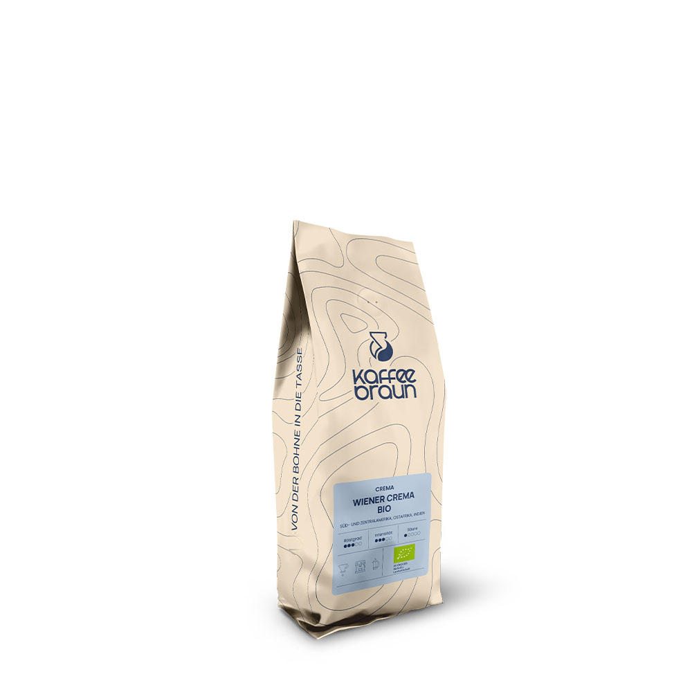 beiger Schlauchbeutel mit Etikett, Logo und blauen Höhenlinien - Wiener Crema Bio