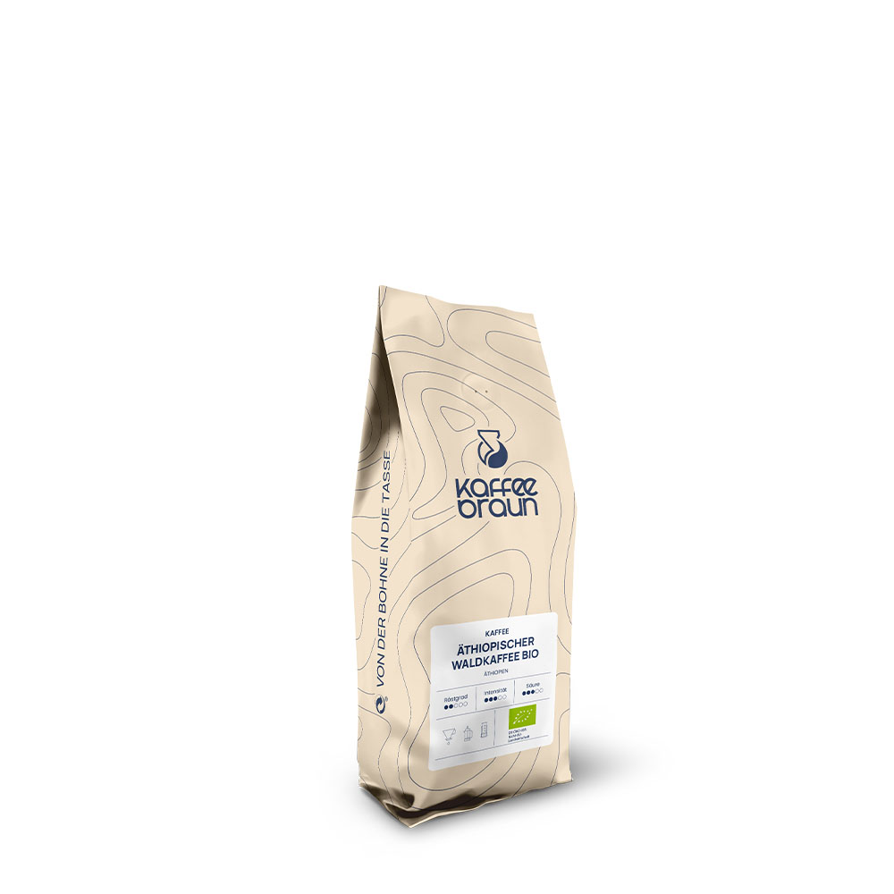 Äthiopischer Waldkaffee beiger Schlauchbeutel mit Etikett, Logo und blauen Höhenlinien - Äthiopischer Waldkaffee
