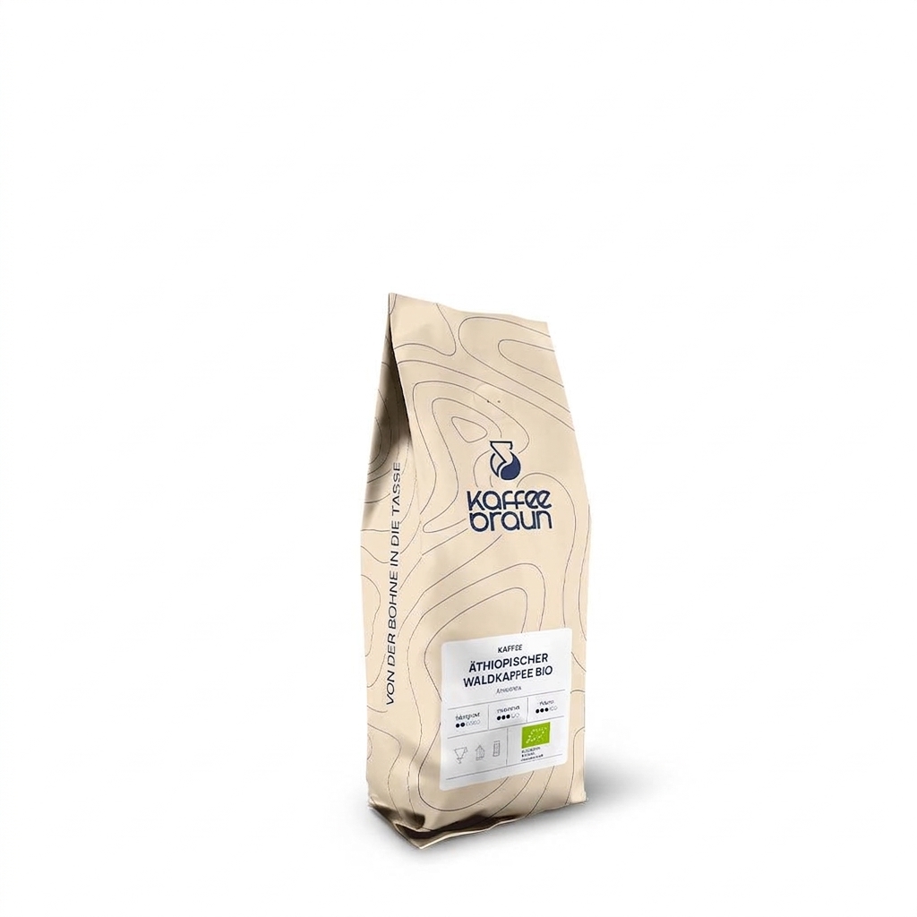 beiger Schlauchbeutel mit Etikett, Logo und blauen Höhenlinien - Äthiopischer Waldkaffee