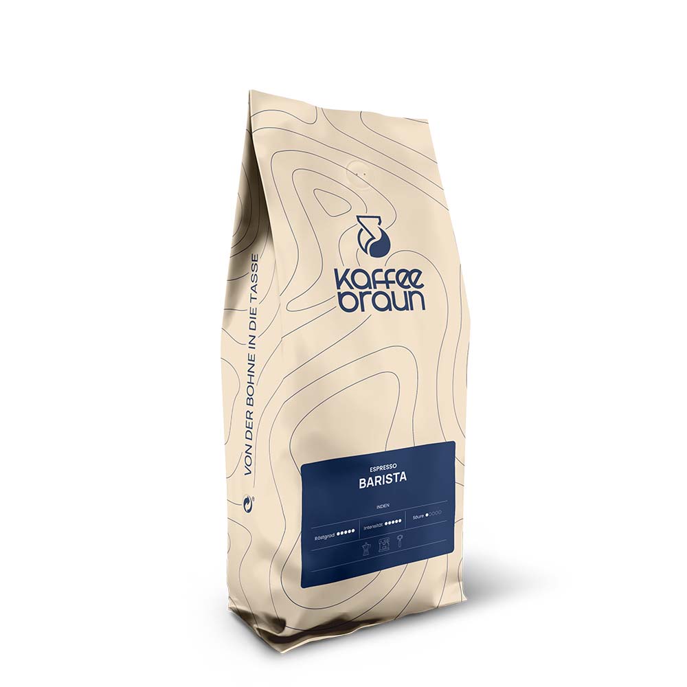 Barista beiger Schlauchbeutel mit Etikett, Logo und blauen Höhenlinien - Barista