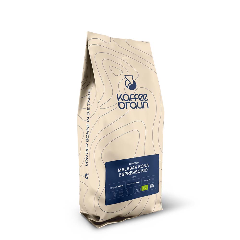 Espresso malabar Sona Bio beiger Schlauchbeutel mit Etikett, Logo und blauen Höhenlinien - Espresso Malabar Sona Bio