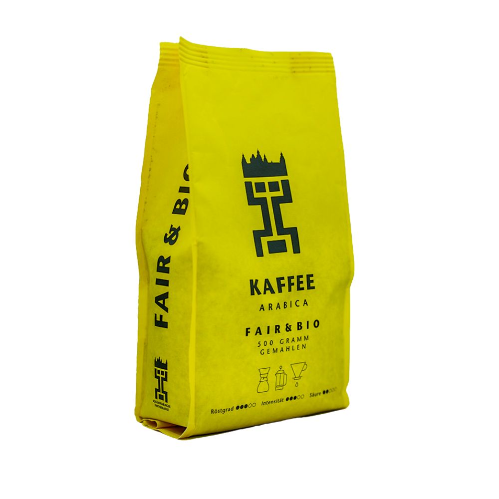 Seite Aschaffenburger Partnerkaffee Kaffee Arabica Seite gelber Stabiloseal Beutel, Aschaffenburger Partnerkaffee Kaffee Arabica