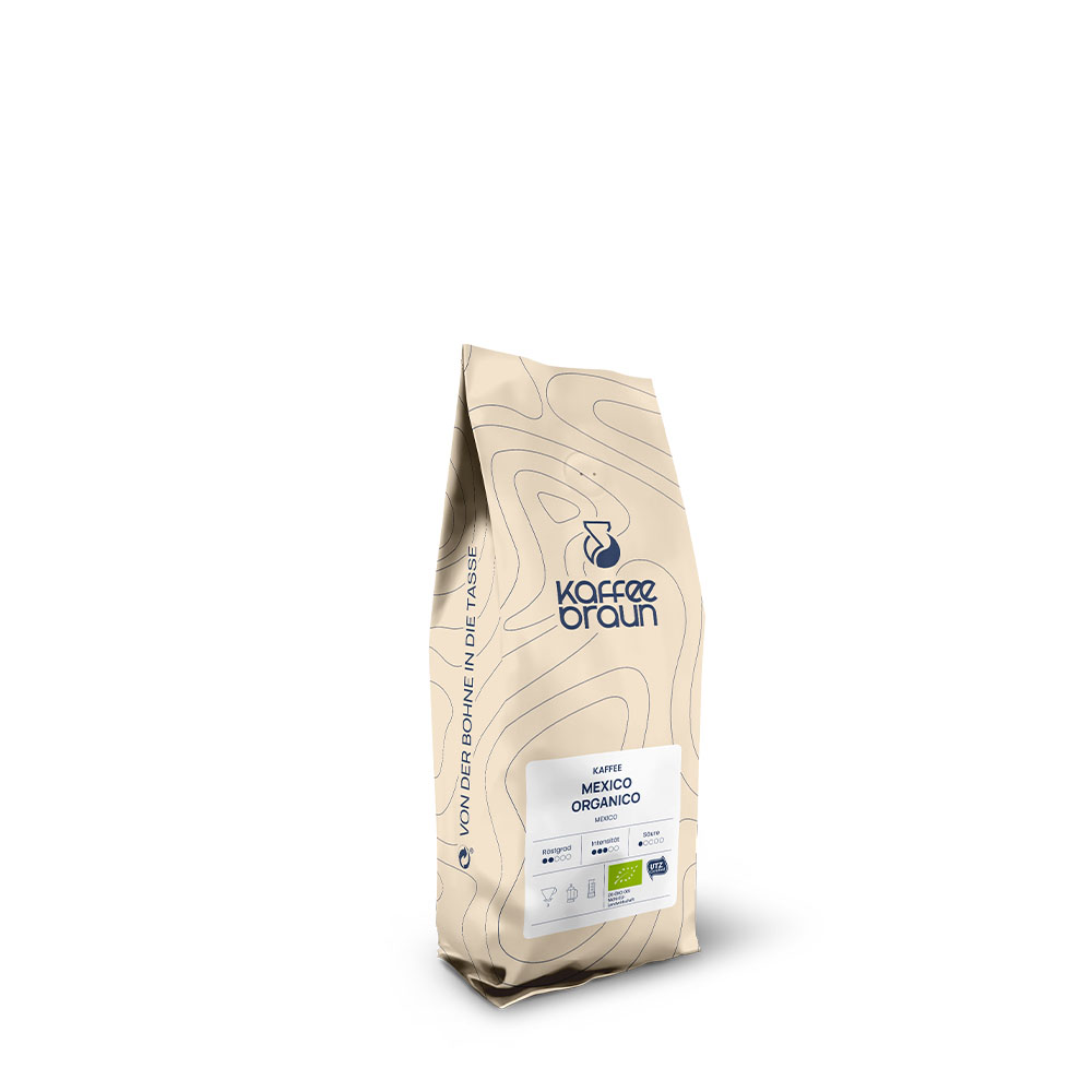 Mexico Bio beiger Schlauchbeutel mit Etikett, Logo und blauen Höhenlinien - Mexico Organico Bio