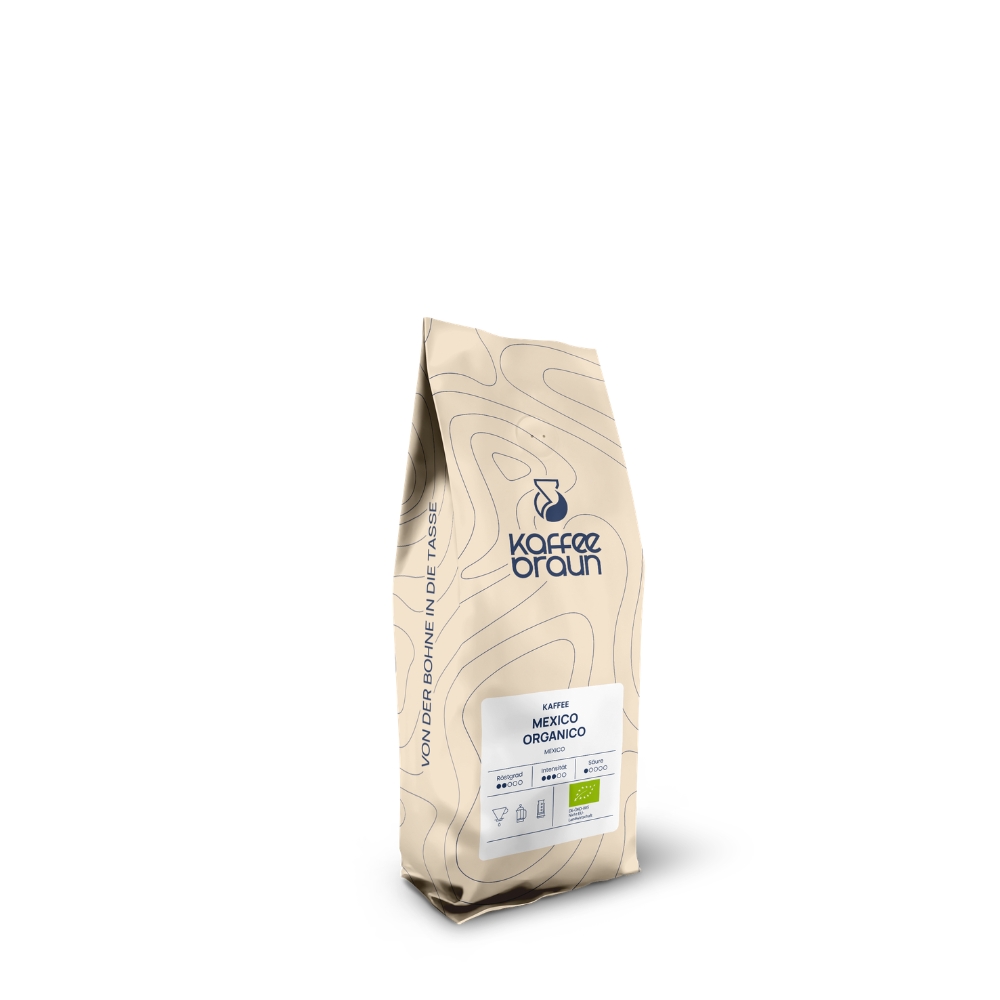 beiger Schlauchbeutel mit Etikett, Logo und blauen Höhenlinien - Mexico Organico Bio