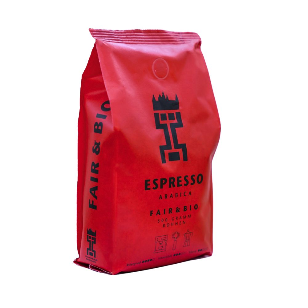 Seite roter Stabiloseal Beutel, Aschaffenburger Partnerkaffee Espresso Arabica