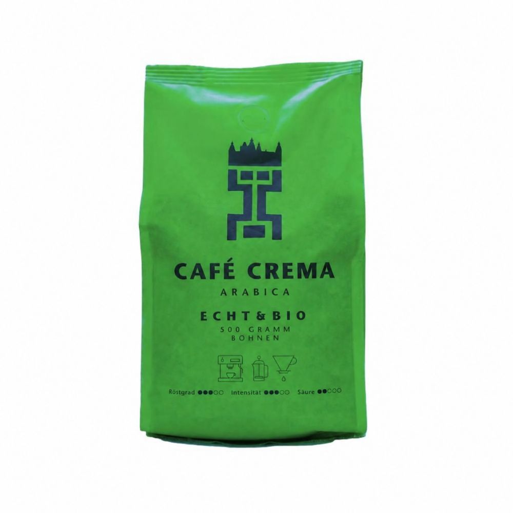 front grüner Stabiloseal Beutel, Aschaffenburger Partnerkaffee Kaffee Crema