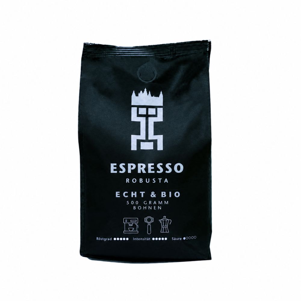 Front schwarzer Stabiloseal Beutel, Aschaffenburger Partnerkaffee Espresso Robusta