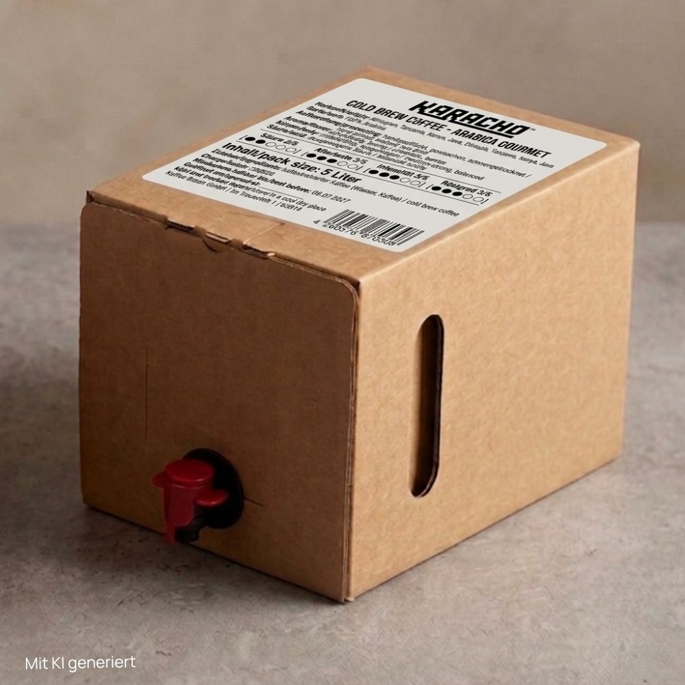 Braune Bag in Box mit rotem VITOP-Zapfhahn, Etikett KARACHO Cold Brew Coffee Arabica Gourmet, 5 Liter; mit KI generiert